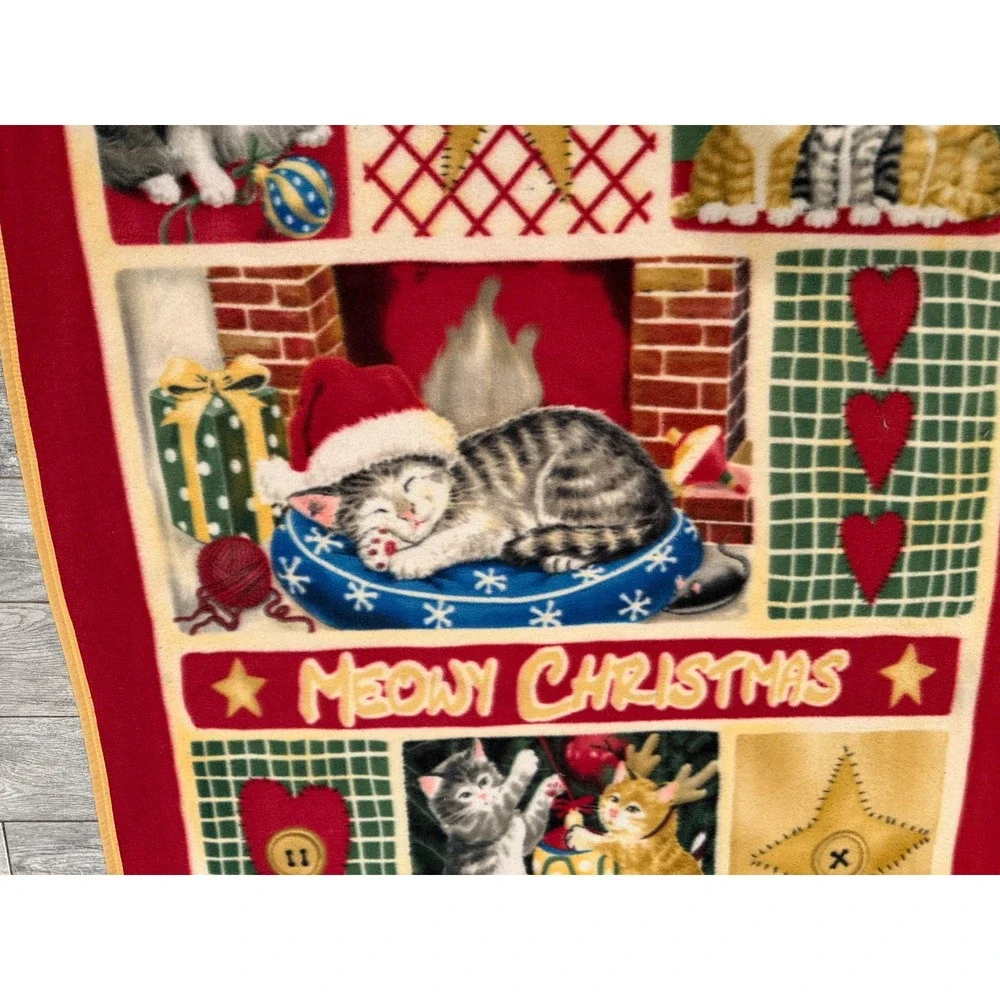 Meowy Christmas Cats Fleece Throw‎ Blanket Holiday Cat Kitten Kitty Cottage Soft